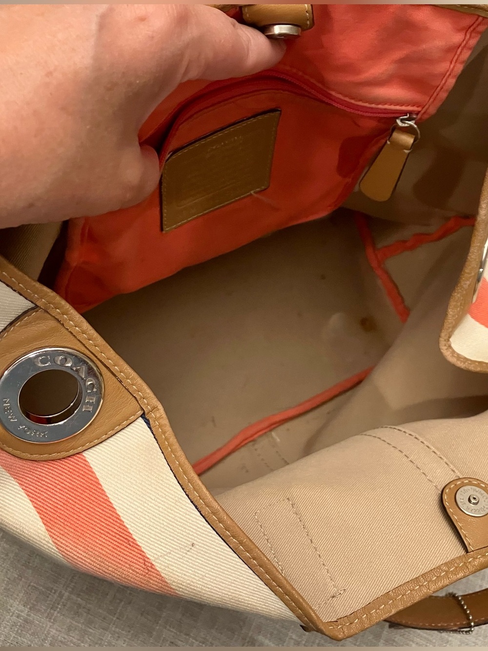Coach Hadley Striped Canvas Tote with tan leather and signature hangtags - USED - Picture 5 of 14